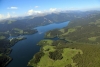 A lake with mountains from a bird's-eye view - Hilly landscape with lake