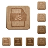 Set of carved wooden JS file format buttons in 8 variations. - JS file format wooden buttons