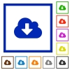 Set of color square framed Cloud download flat icons on white background - Cloud download framed flat icons