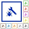 Set of color square framed bug fixing flat icons on white background - Bug fixing framed flat icons