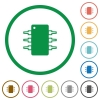 Integrated circuit outlined flat icons - Set of Integrated circuit color round outlined flat icons on white background