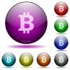 Bitcoin sign glass sphere buttons - Set of color Bitcoin sign glass sphere buttons with shadows.