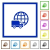 Set of color square framed International transport flat icons on white background - International transport framed flat icons