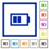 Half battery framed flat icons - Set of color square framed half battery flat icons