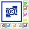 Euro coins framed flat icons - Set of color square framed euro coins flat icons