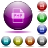 PHP file format glass sphere buttons - Set of color PHP file format glass sphere buttons with shadows.