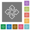 Puzzle contour flat icon set on color square background. - Puzzle contour square flat icons