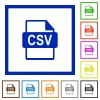 Set of color square framed CSV file format flat icons - CSV file format framed flat icons