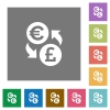 Euro Pound exchange flat icon set on color square background. - Euro Pound exchange square flat icons