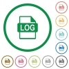 LOG file format outlined flat icons - Set of LOG file format color round outlined flat icons on white background