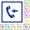 Set of color square framed incoming call flat icons - Incoming call framed flat icons