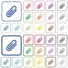 Attachment color outlined flat icons - Set of attachment flat rounded square framed color icons on white background. Thin and thick versions included.