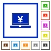 Laptop with yen sign flat color icons in square frames - Laptop with yen sign flat framed icons