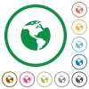 Earth flat icons with outlines - Earth flat color icons in round outlines