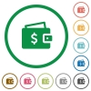 Dollar wallet flat icons with outlines - Dollar wallet flat color icons in round outlines