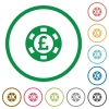 Pound casino chip flat icons with outlines - Pound casino chip flat color icons in round outlines