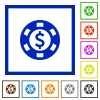 Dollar casino chip flat framed icons - Dollar casino chip flat color icons in square frames