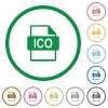 ICO file format flat icons with outlines - ICO file format flat color icons in round outlines on white background