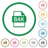 BAK file format flat color icons in round outlines on white background - BAK file format flat icons with outlines