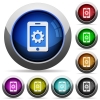 Mobile settings icons in round glossy buttons with steel frames - Mobile settings round glossy buttons