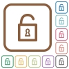 Unlocked padlock simple icons - Unlocked padlock simple icons in color rounded square frames on white background