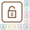 Unlocked padlock simple icons - Unlocked padlock simple icons in color rounded square frames on white background