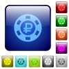 Ruble casino chip icons in rounded square color glossy button set - Ruble casino chip color square buttons