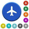 Airplane beveled buttons - Airplane round color beveled buttons with smooth surfaces and flat white icons