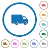 Delivery truck icons with shadows and outlines - Delivery truck flat color vector icons with shadows in round outlines on white background