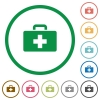 First aid kit flat icons with outlines - First aid kit flat color icons in round outlines on white background