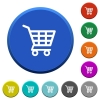 Shopping cart round color beveled buttons with smooth surfaces and flat white icons - Shopping cart beveled buttons