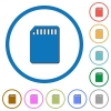 SD memory card flat color vector icons with shadows in round outlines on white background - SD memory card icons with shadows and outlines