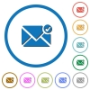 Mail sent icons with shadows and outlines - Mail sent flat color vector icons with shadows in round outlines on white background