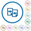 Share documents flat color vector icons with shadows in round outlines on white background - Share documents icons with shadows and outlines