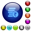 Indian Rupee coins color glass buttons - Indian Rupee coins icons on round color glass buttons