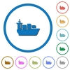 Sea transport flat color vector icons with shadows in round outlines on white background - Sea transport icons with shadows and outlines