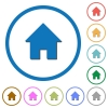 Home icons with shadows and outlines - Home flat color vector icons with shadows in round outlines on white background