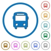 Bus flat color vector icons with shadows in round outlines on white background - Bus icons with shadows and outlines