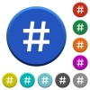 Hash tag round color beveled buttons with smooth surfaces and flat white icons - Hash tag beveled buttons