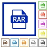 RAR file format flat framed icons - RAR file format flat color icons in square frames on white background