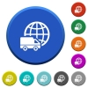 International transport round color beveled buttons with smooth surfaces and flat white icons - International transport beveled buttons