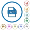 GZIP file format icons with shadows and outlines - GZIP file format flat color vector icons with shadows in round outlines on white background