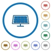 Solar panel flat color vector icons with shadows in round outlines on white background - Solar panel icons with shadows and outlines