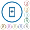 Cellphone with wireless network symbol icons with shadows and outlines - Cellphone with wireless network symbol flat color vector icons with shadows in round outlines on white background