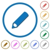 Pencil icons with shadows and outlines - Pencil flat color vector icons with shadows in round outlines on white background