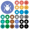 Bug multi colored flat icons on round backgrounds. Included white, light and dark icon variations for hover and active status effects, and bonus shades on black backgounds. - Bug round flat multi colored icons
