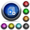 Playlist fast forward icons in round glossy buttons with steel frames - Playlist fast forward round glossy buttons