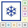 Single snowflake flat framed icons - Single snowflake flat color icons in square frames on white background