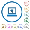 Laptop computer with wireless symbol icons with shadows and outlines - Laptop computer with wireless symbol flat color vector icons with shadows in round outlines on white background