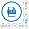 ASM file format flat color vector icons with shadows in round outlines on white background - ASM file format icons with shadows and outlines